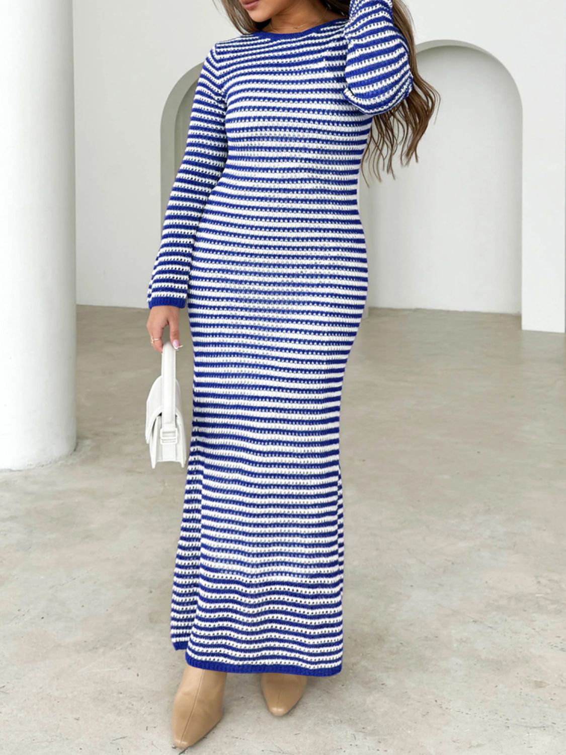 Devine tied round neck striped sweater dress in blue and white, long-sleeve design.