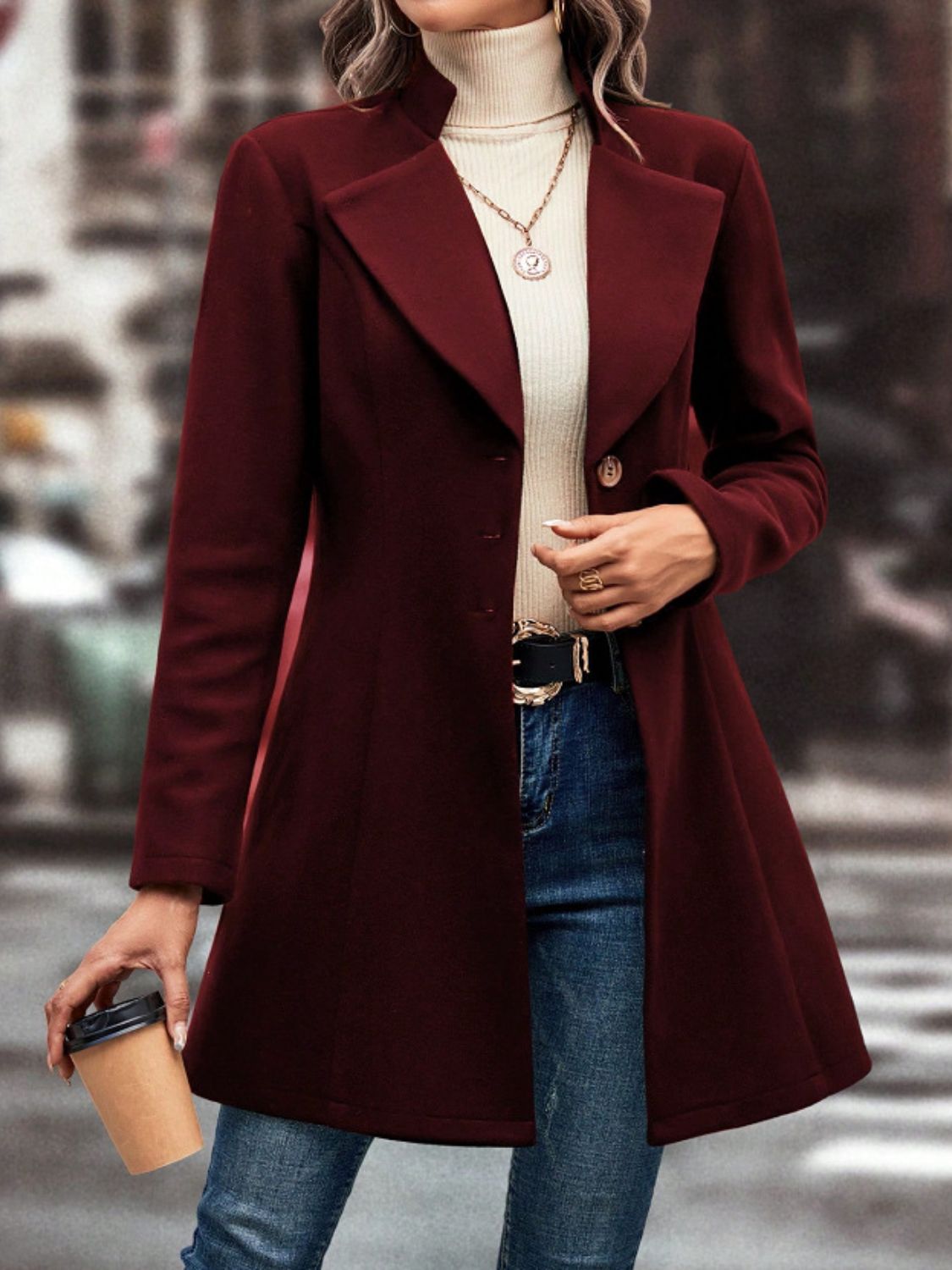 Collared Neck Button Up Long Sleeve Coat in burgundy, stylish and comfortable.