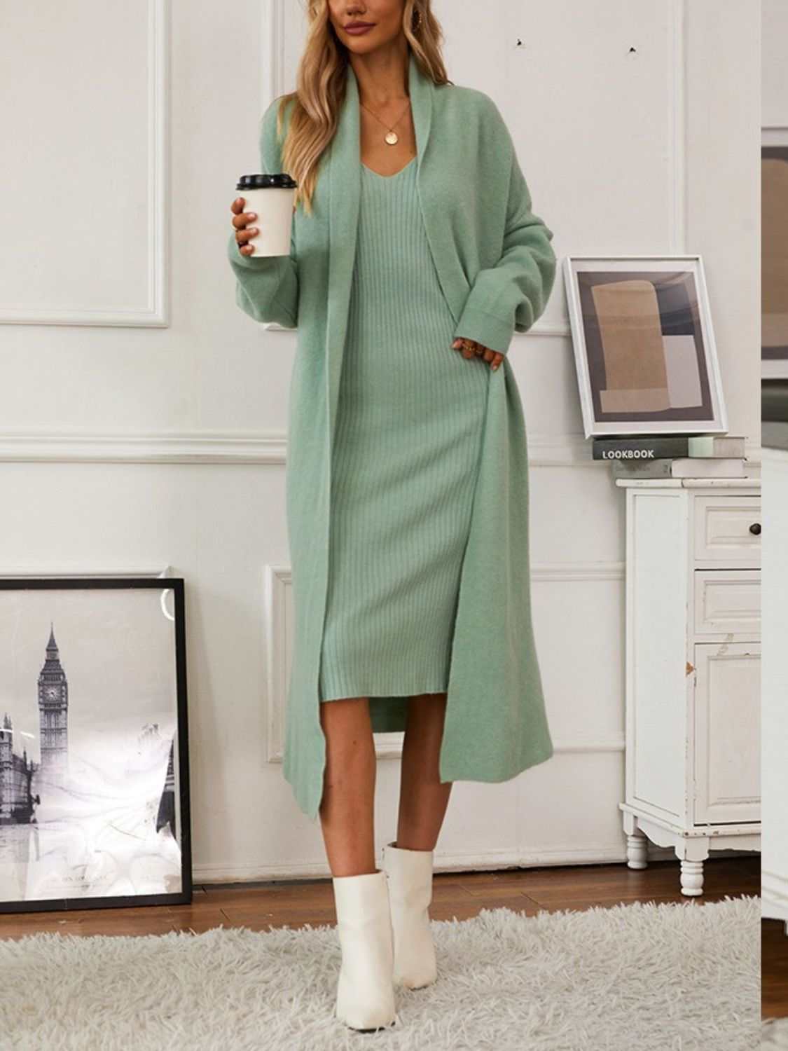 V-Neck Cami Dress with Open Front Cardigan Sweater Set in Light Green