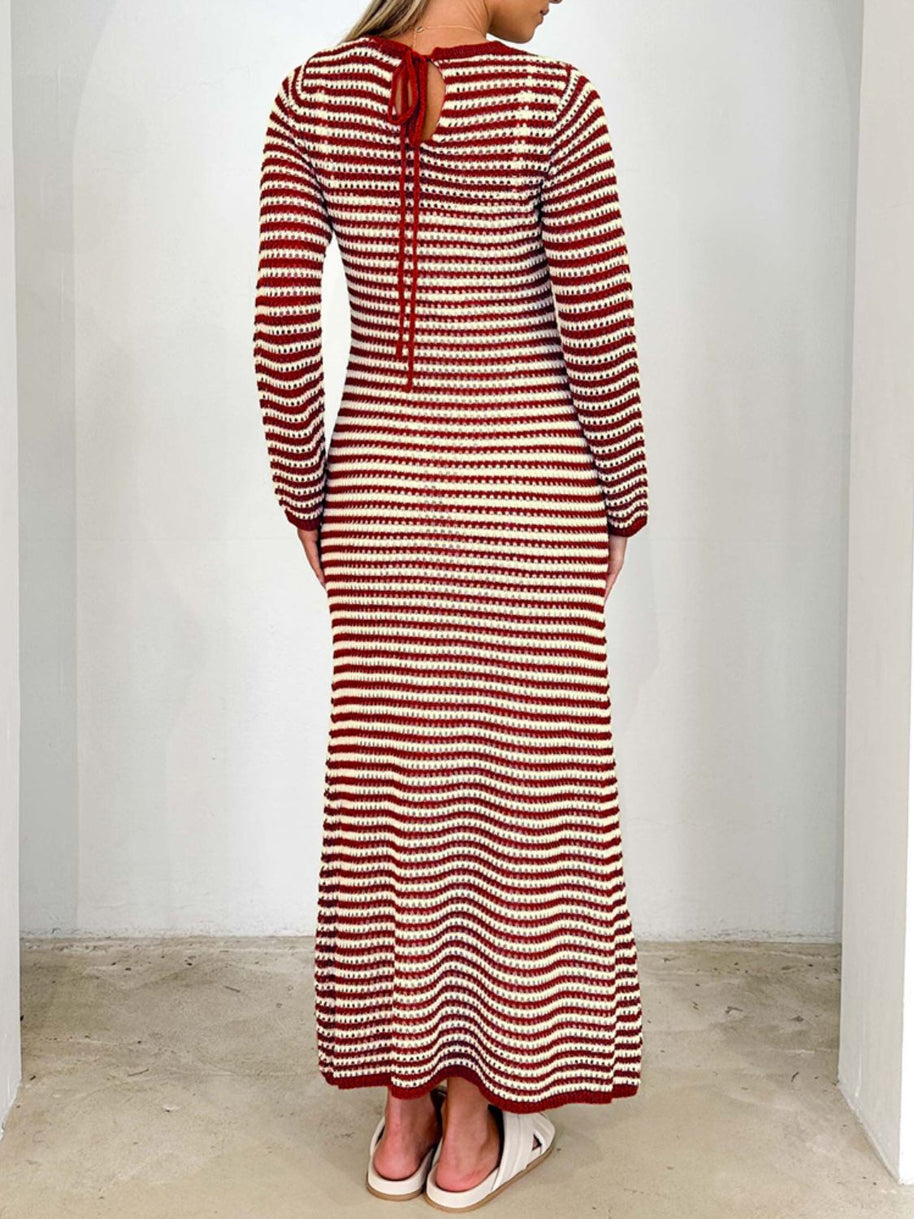 Devine Tied Round Neck Striped Sweater Dress, long sleeves, red and white stripes, back view.