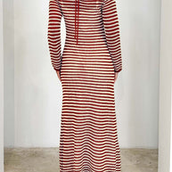 Devine Tied Round Neck Striped Sweater Dress, long sleeves, red and white stripes, back view.