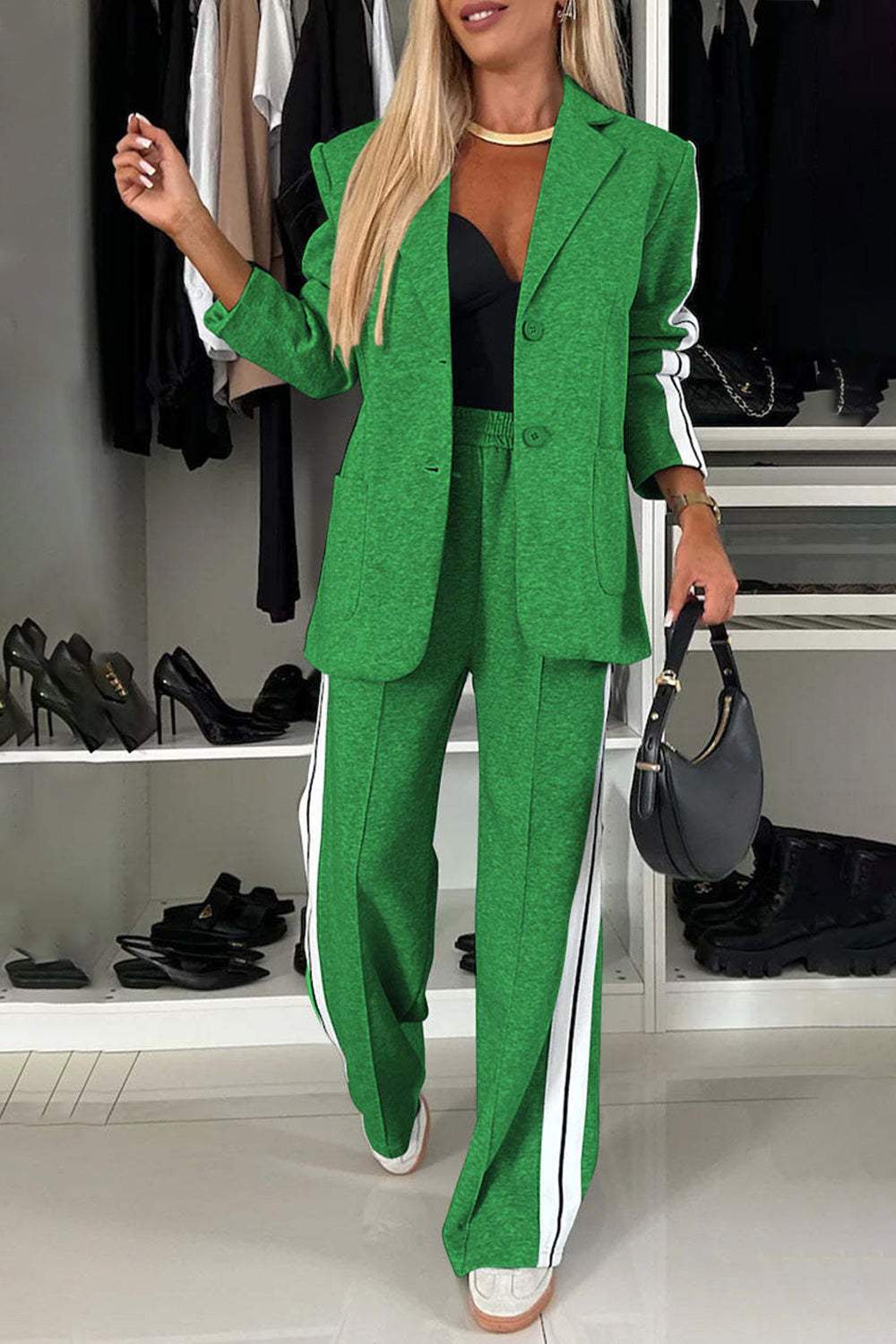 Full Size Contrast Lapel Collar Top and Pants Set in green with button details.