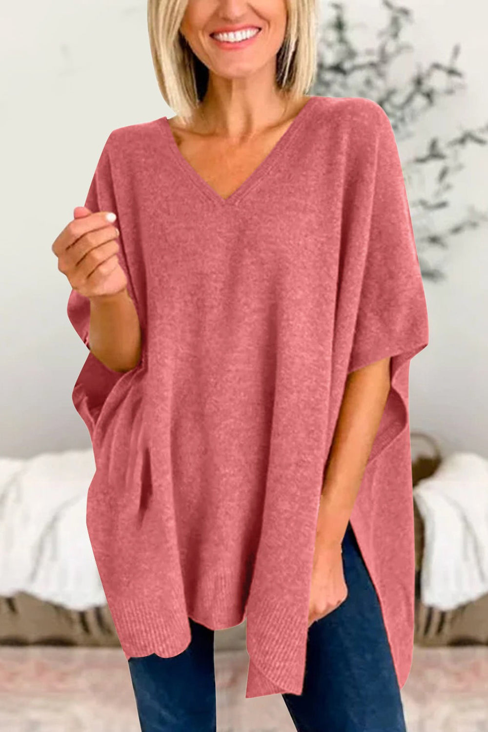 V-neck half sleeve knit top in red, slightly stretchy, casual style.