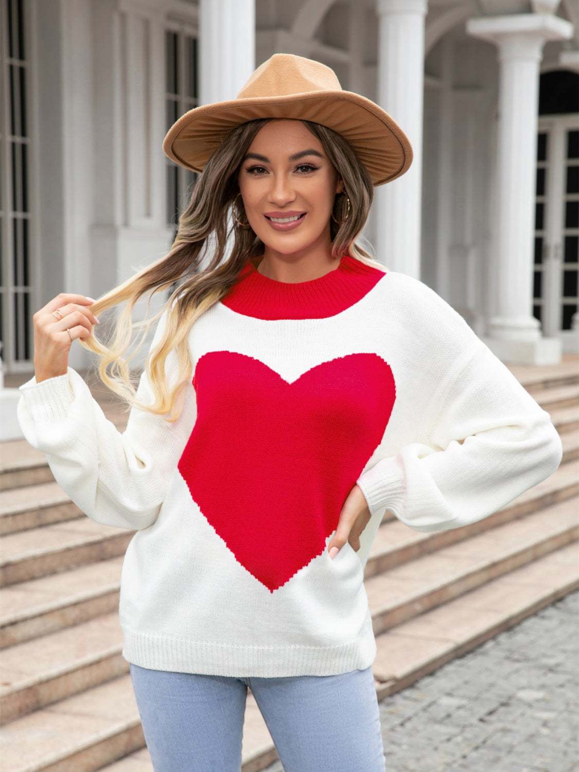 Angel Wings Heart Graphic Round Neck Sweater