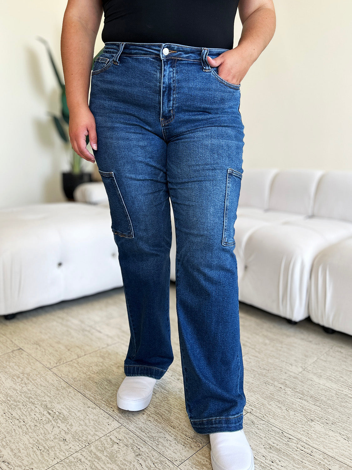 Judy Blue Full Size High Waist Cargo Jeans with front pockets and high-rise fit.