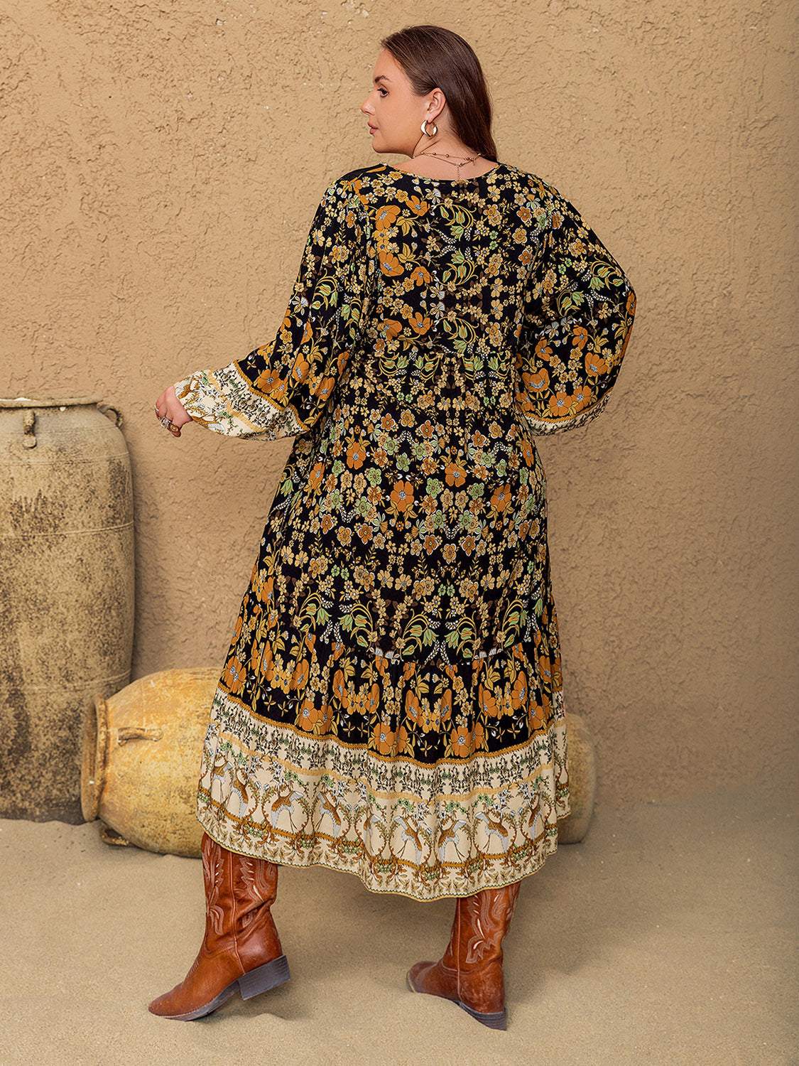 Plus Size Floral V-Neck Balloon Sleeve Midi Dress with intricate patterns and autumnal colors.