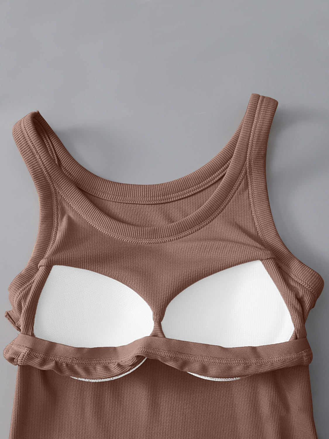 Round Neck Tank with Built-in Bra, Brown, Moderate Stretch