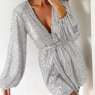 Full Size Sequin Surplice Tie Waist Long Sleeve Romper