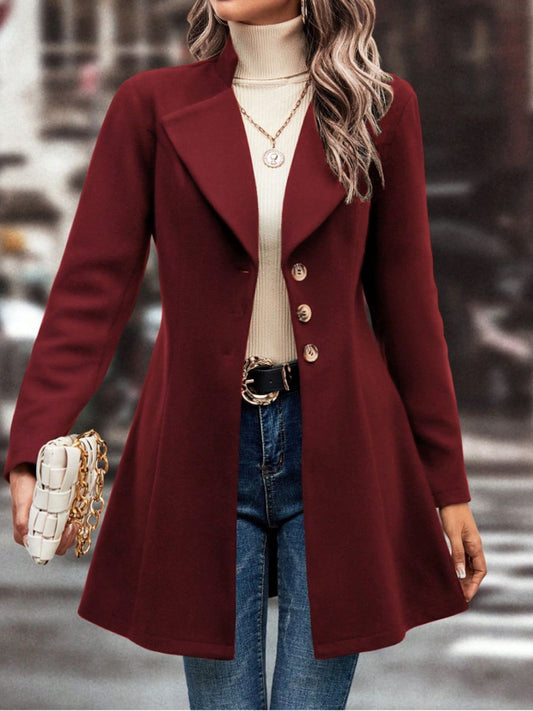 Collared Neck Button Up Long Sleeve Coat in burgundy, stylish and comfortable with high-quality materials, perfect for easy maintenance.