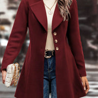 Collared neck button-up long sleeve coat in burgundy.