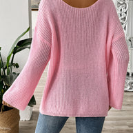 Pink bow boat neck long sleeve sweater made of polyester, slightly stretchy, styled with casual fit.