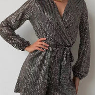 Full Size Sequin Surplice Tie Waist Long Sleeve Romper