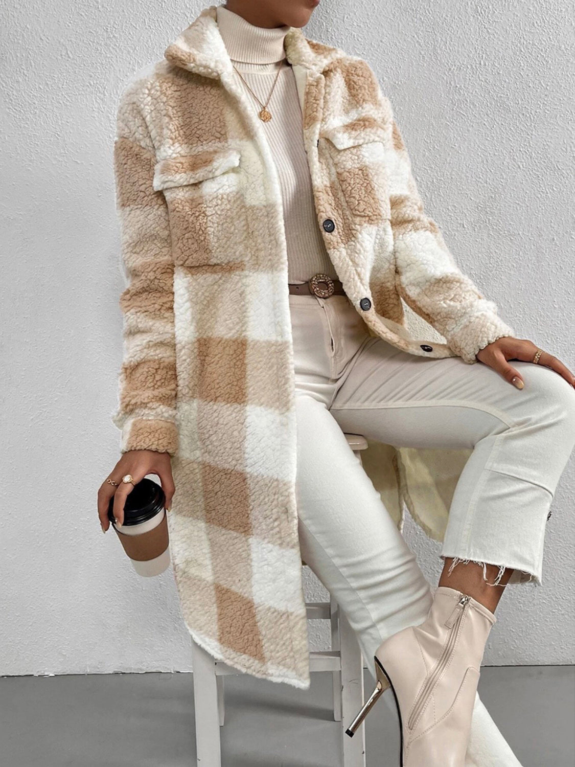 Plaid collared neck button down coat, beige and white, women's fashion.