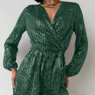 Full Size Sequin Surplice Tie Waist Long Sleeve Romper