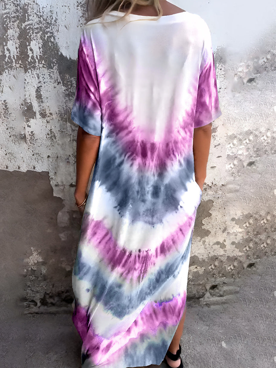 Full size tie-dye short sleeve dress with pockets in purple, white, and gray.