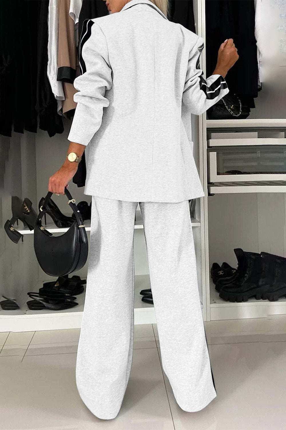 Full Size Contrast Lapel Collar Top and Pants Set in white with button and pocket details.