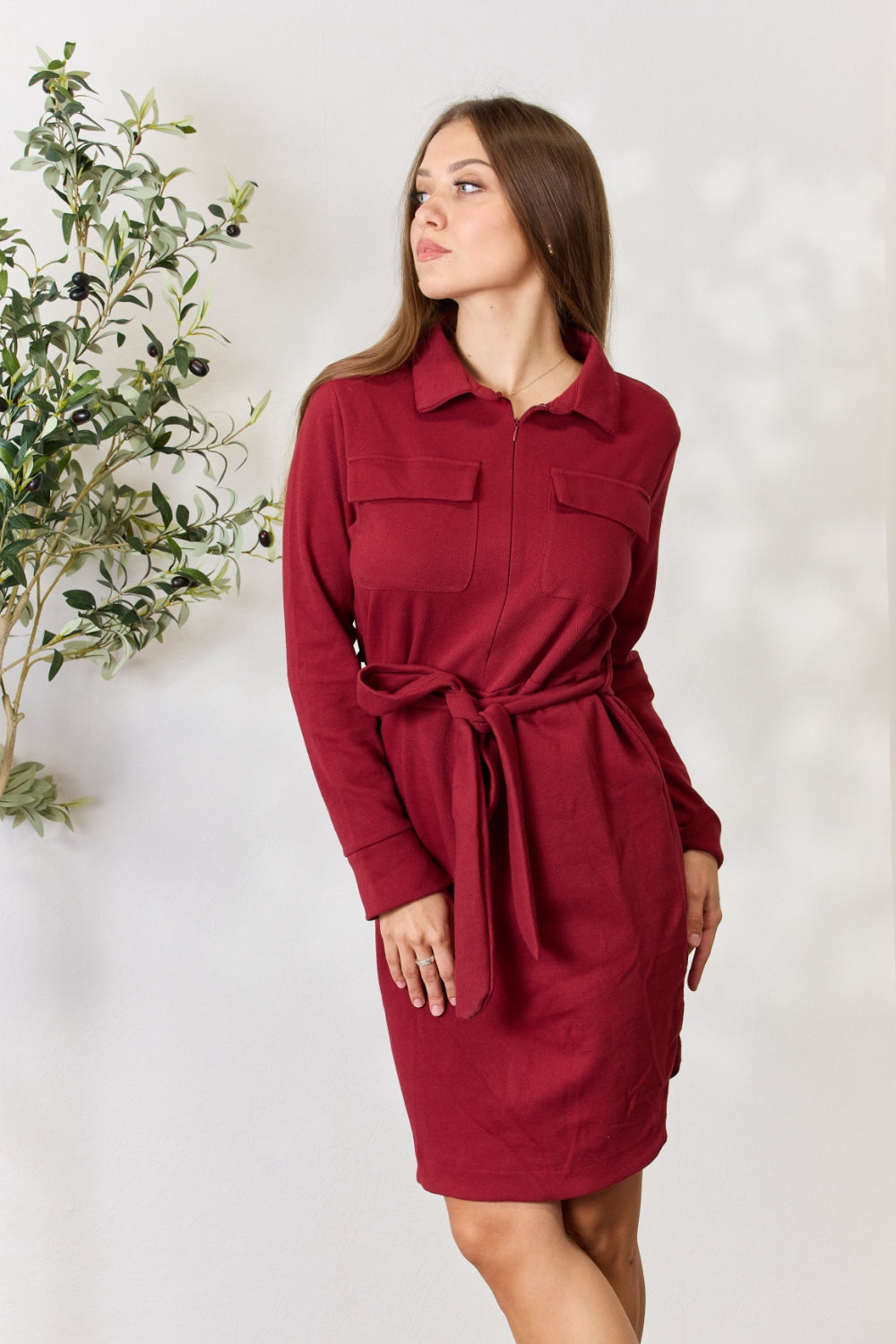 Culture Code full size tie front half zip long sleeve shirt dress in red.