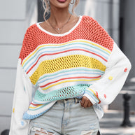 Hollow Striped Color Block Round Neck Sweater