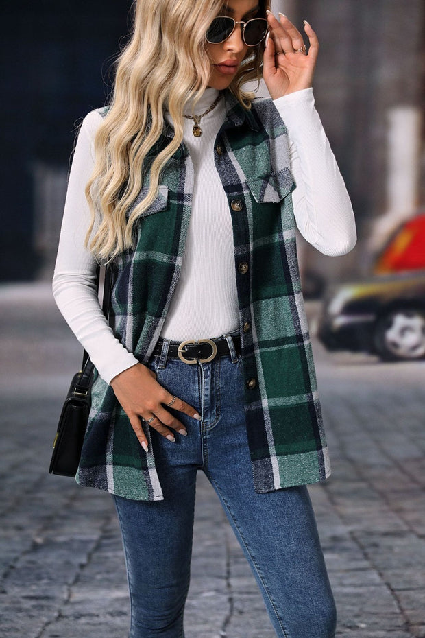 Plaid button-up vest coat in green and black with button closure, made of polyester, styled with blue jeans and white top.