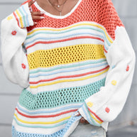 Hollow Striped Color Block Round Neck Sweater