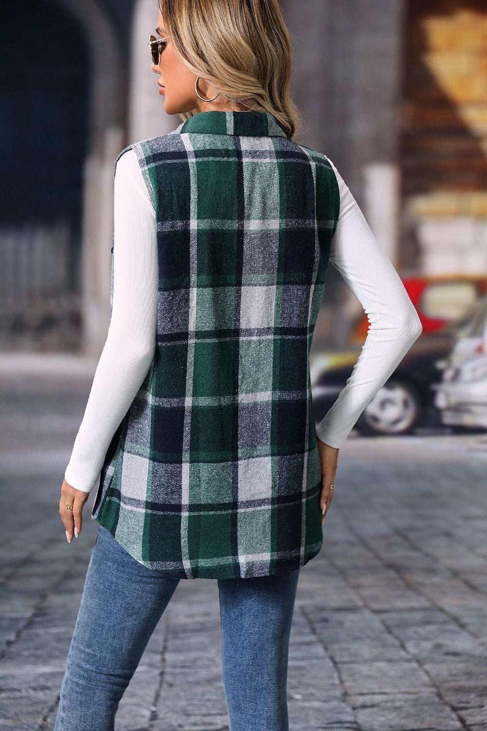 Plaid button-up vest coat made of 100% polyester with green and gray pattern.