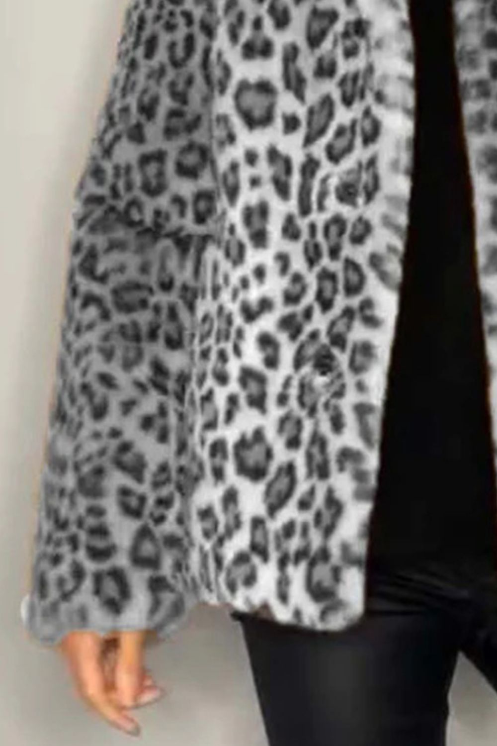 Full size leopard print furry collared neck long sleeve coat.