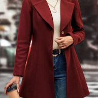 Collared neck button up long sleeve coat in red, featuring buttoned design, normal thickness, and polyester-spandex blend.