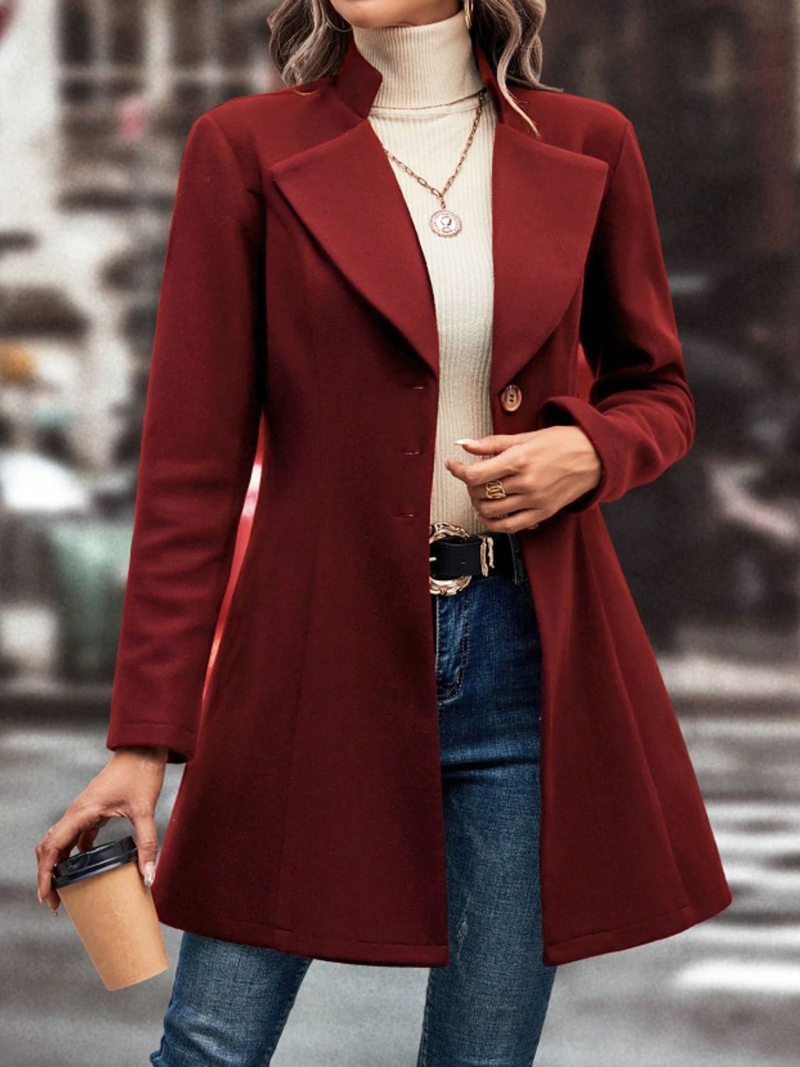 Collared neck button up long sleeve coat in red, featuring buttoned design, normal thickness, and polyester-spandex blend.