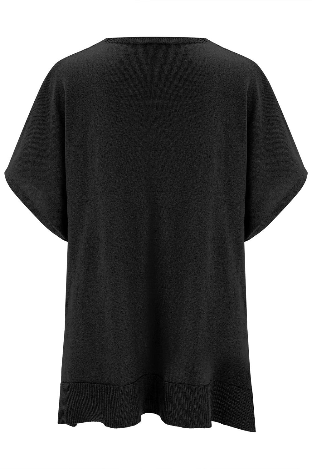 Slit V-Neck Half Sleeve Knit Top in black, slightly stretchy fabric, back view.