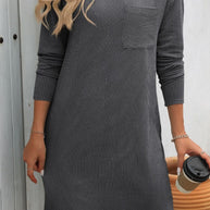 Mandy Striped Round Neck Long Sleeve Mini Dress with Pocket, Highly Stretchy Material, Opaque Design.