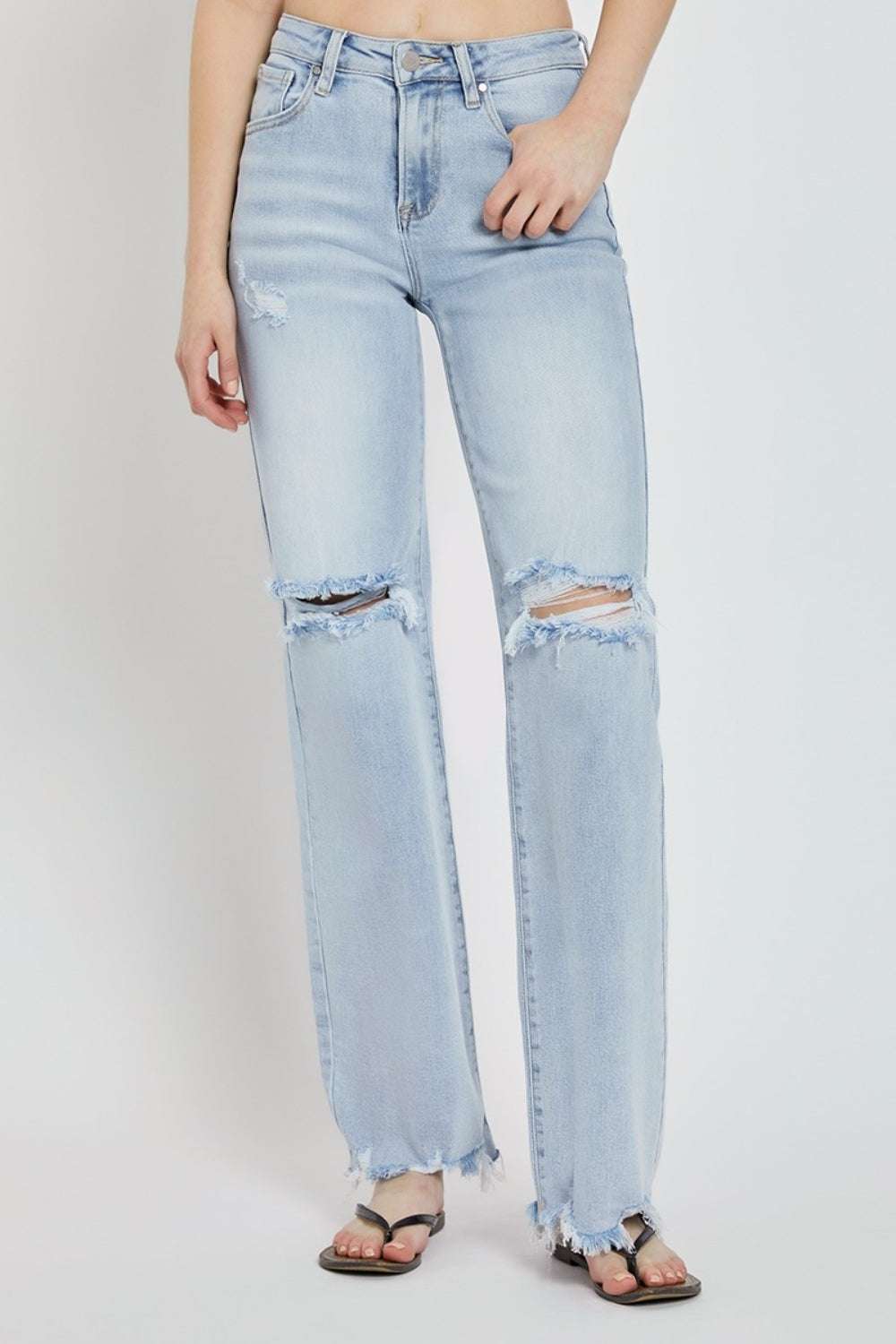 RISEN Full Size High Rise Distressed Wide Leg Jeans