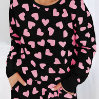 Heart print long sleeve top and shorts lounge set in black and pink.