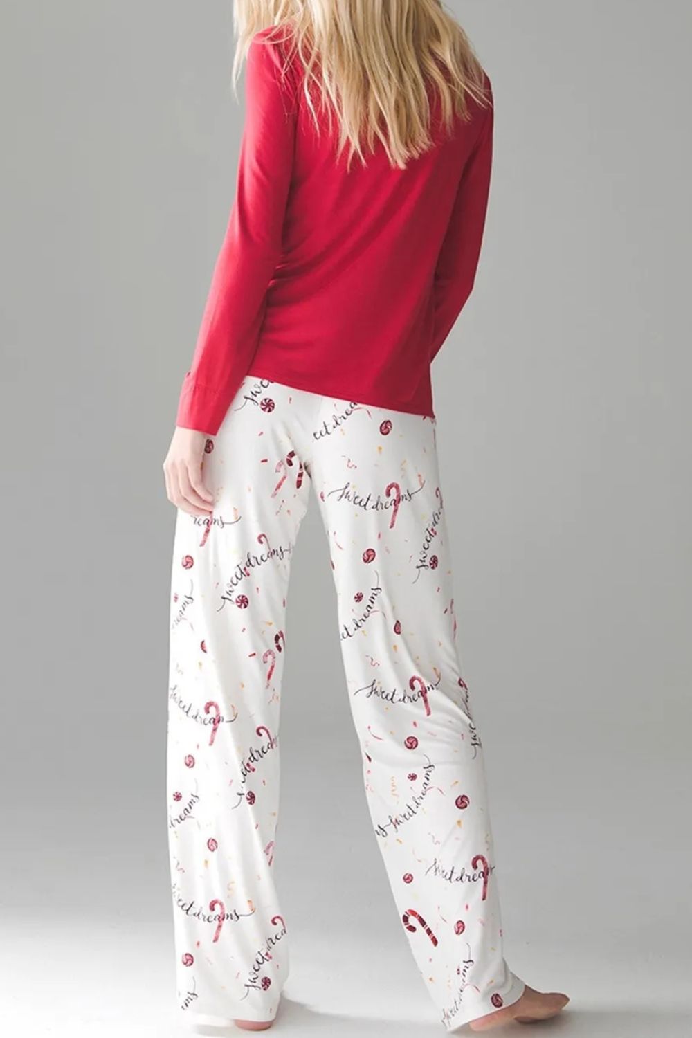 Round neck long sleeve top with printed pants lounge set in red and white.