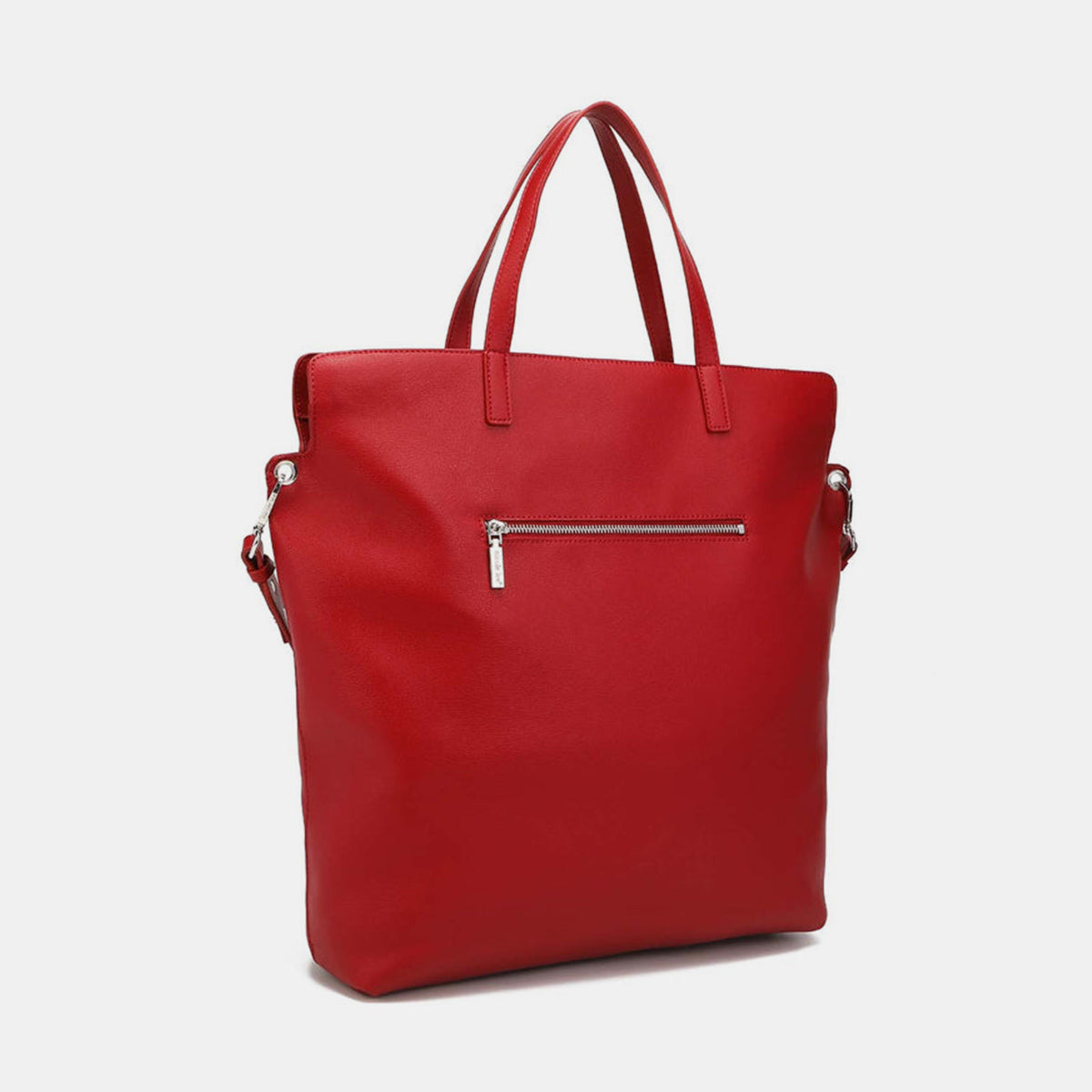 Nicole Lee USA studded large tote bag in red vegan leather with dual top handles and zip detailing.