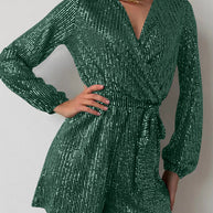 Full Size Sequin Surplice Tie Waist Long Sleeve Romper