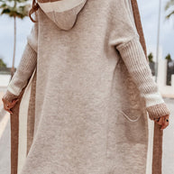 Pocketed Contrast Long Sleeve Hooded Cardigan