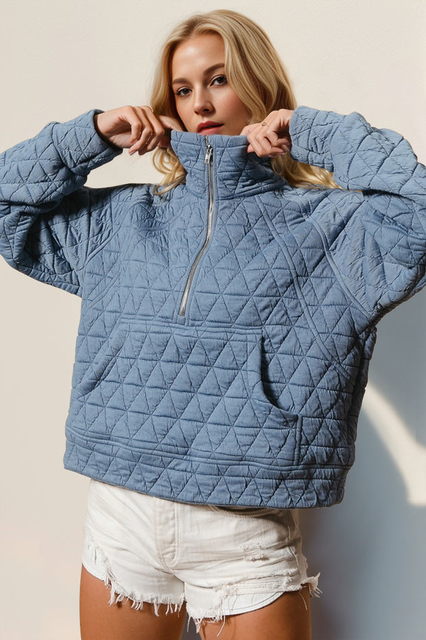 Double Take Half Zip Long Sleeve Quilted Jacket with Pocket