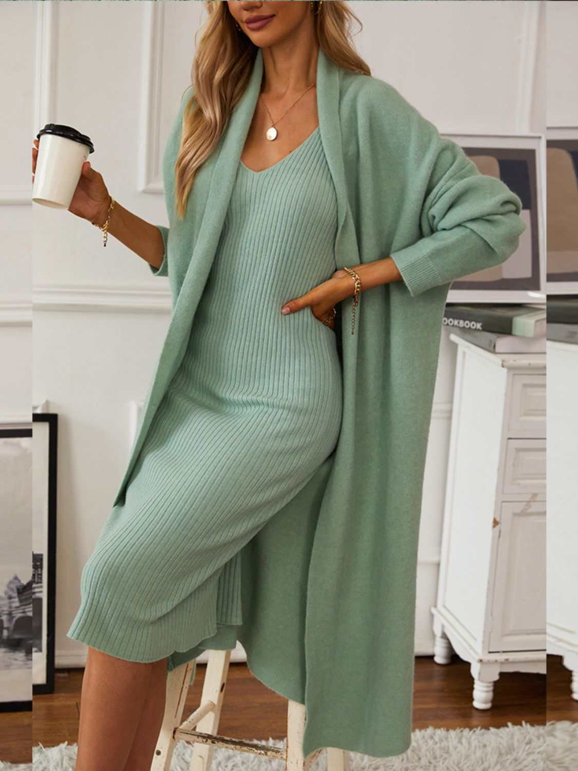 V-neck cami dress and open front cardigan sweater set in light green.