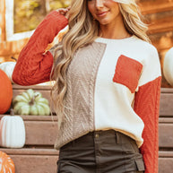 Color block round neck long sleeve sweater with pocket.