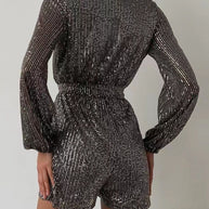 Full Size Sequin Surplice Tie Waist Long Sleeve Romper