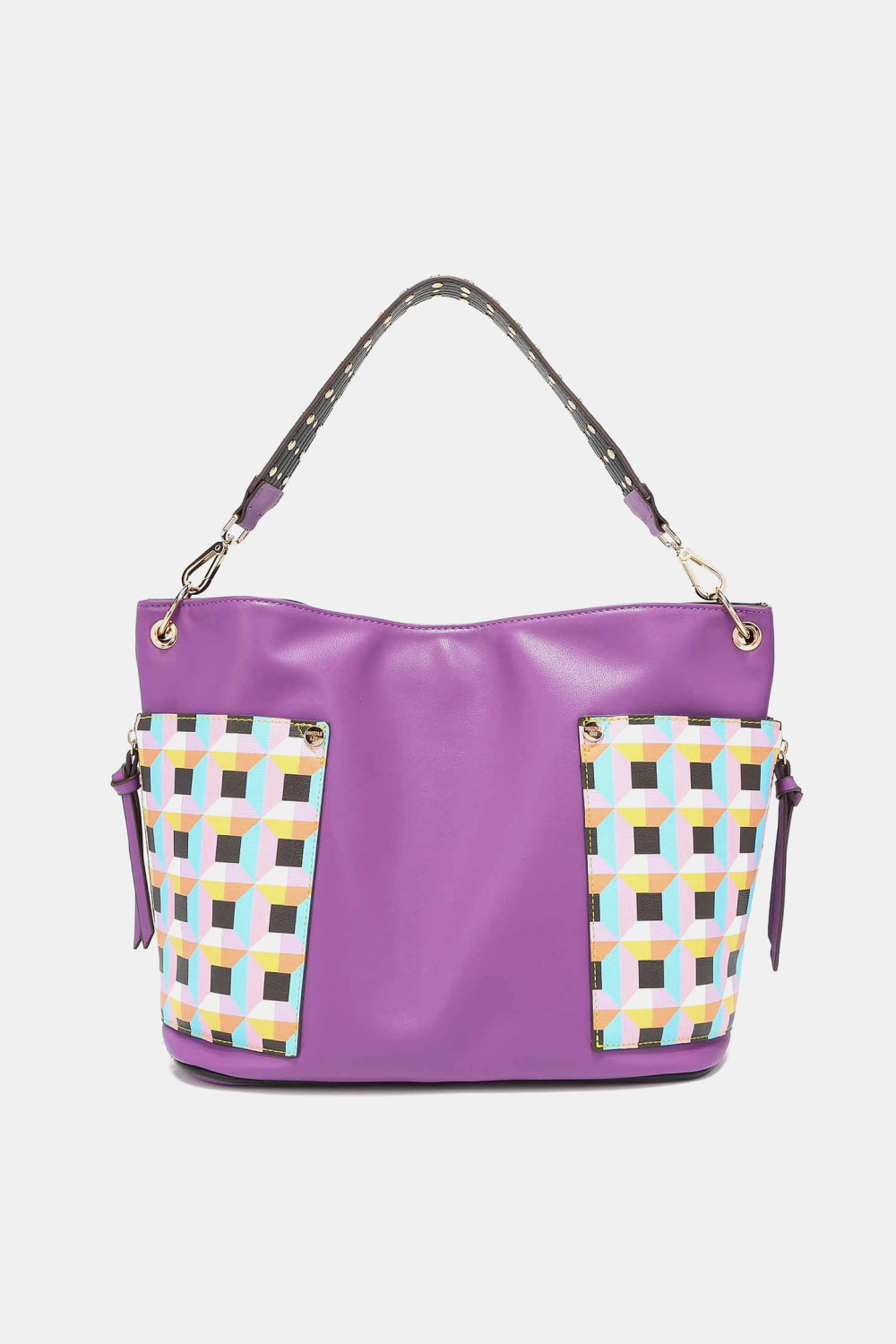 Nicole Lee USA Quihn 3-Piece Handbag Set with purple large shoulder bag, geometric pockets, and studded strap.