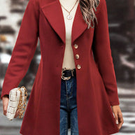 Red collared neck button-up long sleeve coat.