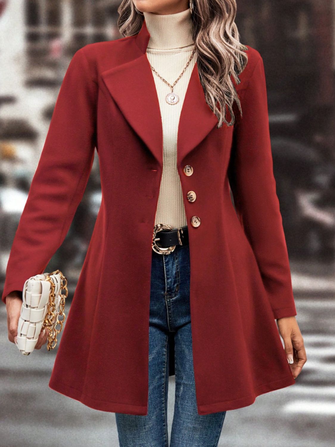 Red collared neck button-up long sleeve coat.