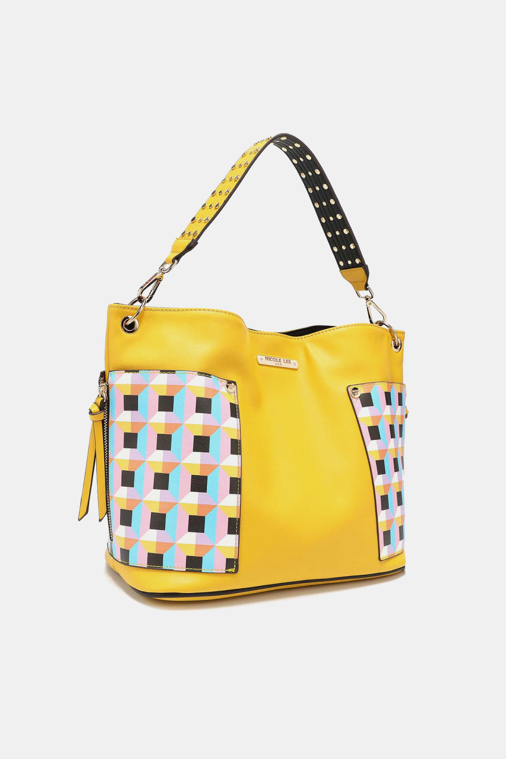 Nicole Lee USA Quihn 3-Piece Handbag Set with colorful geometric pattern on a large shoulder bag and studded strap.