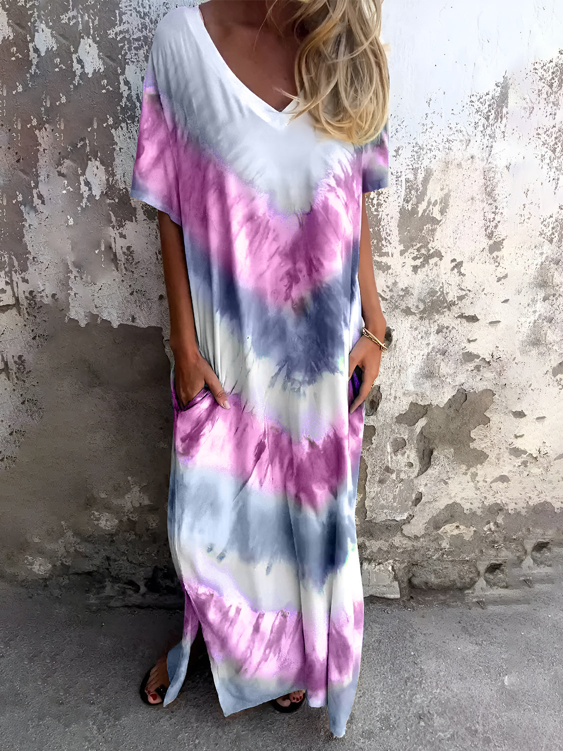 Full size pocketed tie-dye short sleeve dress with purple and blue patterns.