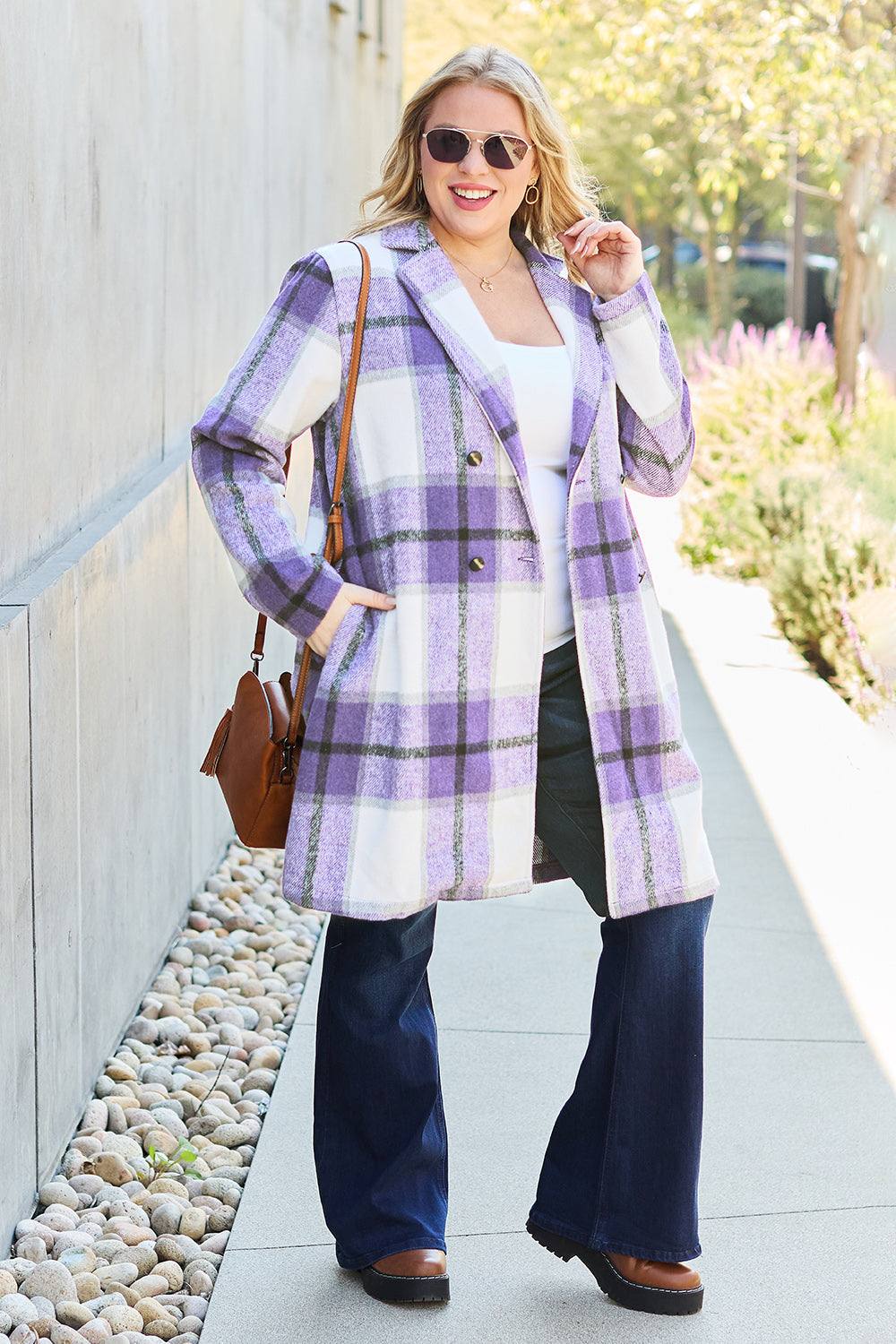 Full Size Plaid Button Up Lapel Collar Coat