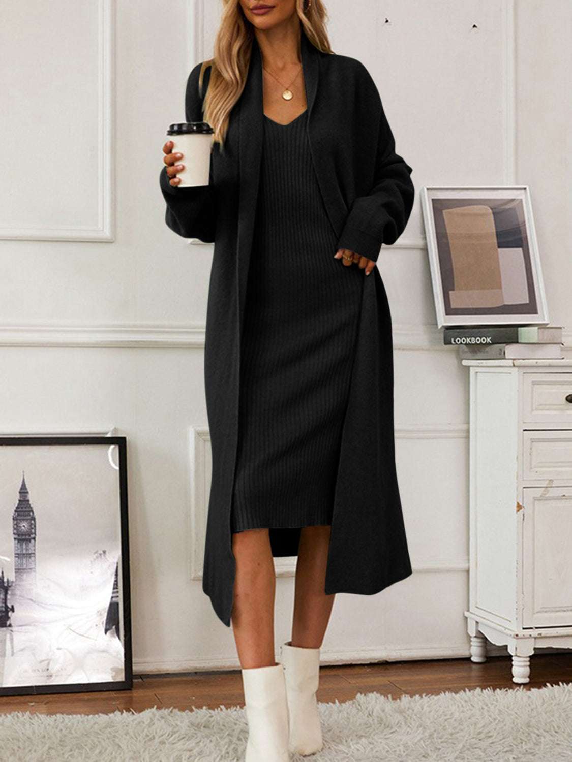 V-Neck cami dress and open front cardigan sweater set in black, moderate stretch, 100% acrylic.