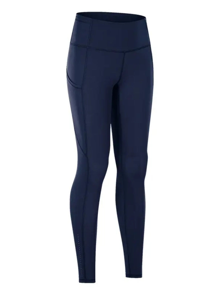 Wide waistband sports leggings in navy, stretchy nylon-spandex blend.