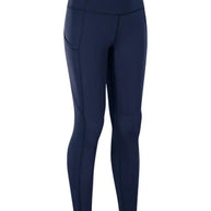 Wide waistband sports leggings in navy, stretchy nylon-spandex blend.