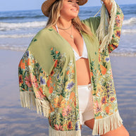 Plus Size Fringe Open Front Cover-Up